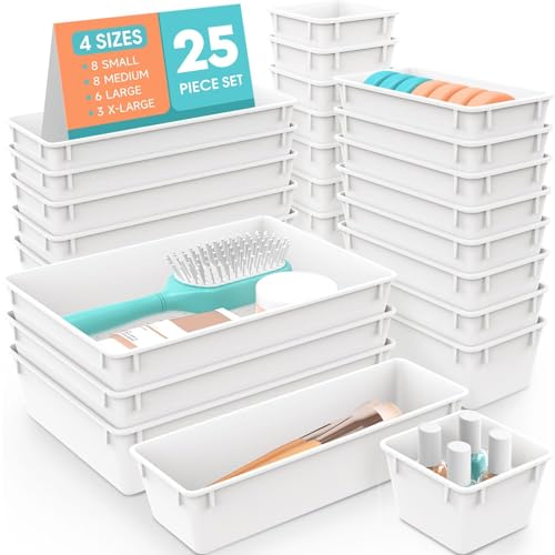 SpaceHacks 25 PCS Plastic Drawer Organizer Set, 4-Size Versatile Organizer Trays & Storage Bins for Makeup, Jewelry, and Gadgets in Bathroom, Bedroom and Office, White - color: White