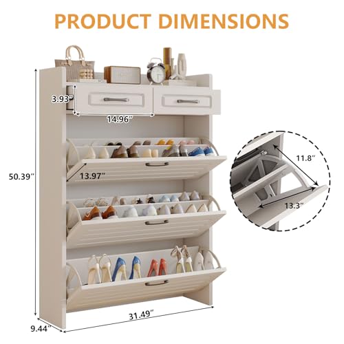 Lakifun Shoe Cabinet for Entryway, Narrow Shoe Storage Cabinet with 3 Flip Drawers and 2 Top Drawers, Modern Shoe Rack Organizer Cabinet for Hallway, Apartment, Living Room, White - color: White