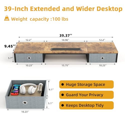 39 Inch Dual Monitor Stand Riser with 2 Drawers - Large Brown Wooden Computer Stand for 2 Monitors, Ergonomic Desk Organizer with Phone Holder, Desktop Storage for Laptop, Office Supplies, Home Office - color: Brown