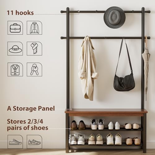 Coat Rack with Shoe Storage, Wood and Metal Frame, Entryway Hall Tree with Bench, Featuring 11 Hooks and 2-Tier Storage Shelves, 3-in-1, Entry Bench with Coat Rack (39.4" Walnut) - size: 100