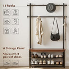 Coat Rack with Shoe Storage, Wood and Metal Frame, Entryway Hall Tree with Bench, Featuring 11 Hooks and 2-Tier Storage Shelves, 3-in-1, Entry Bench with Coat Rack (39.4" Walnut) - size: 100