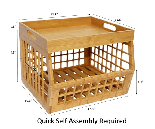 Bamboo Storage Bin - Multipurpose, Stackable Open Front Storage Bin with Bamboo Serving Tray Lid for Kitchen & Pantry - Stylish Lattice Design