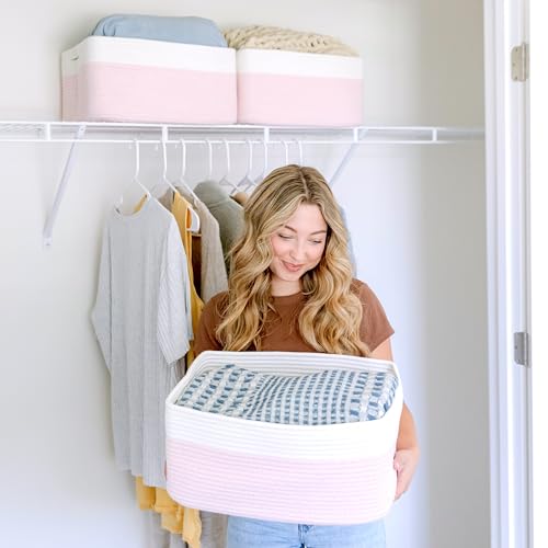 NaturalCozy Storage Baskets 16.8”x13”x7.6” Cotton Rope Woven Baskets for Organizing 3-Pack | Toy Storage Bins | Basket for Shelves, Laundry, Blanket, Clothes, Closet, Kitchen, Bathroom, Gifts - color: Off White & Mixed Pink