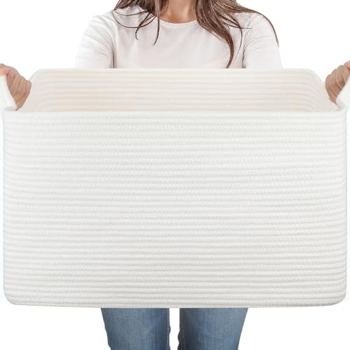 65L Cotton Rope Large Blanket Basket (19.7"x15.7"x11.8") for Living Room, Kids Room & Laundry, Storage Basket with Handle for Organizing Blankets, Pillows, Clothes & Toys, White - color: White, size: 19.7"x15.7"x11.8"