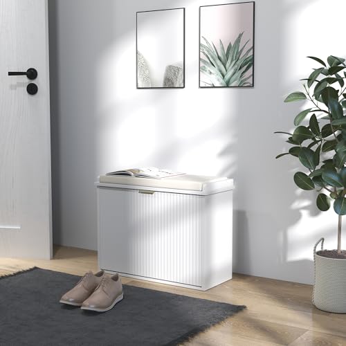 HOMCOM Narrow Shoe Bench with Padded Cushion, Shoe Cabinet with Flip-Drawer and Adjustable Shelf, Small Entryway Bench Holds up to 265lb, 24.4x10.2x18.7 Inches, White - color: White, size: 24.4" x 10.2" x 18.7"