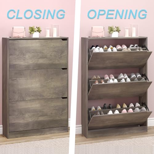 BORNOON Shoe Cabinet with 3 Flip Drawers, Hidden Wood Shoe Cabinet,Freestanding Shoe Storage Cabinet for Entryway Hallway - color: Grey, size: 3 Drawers