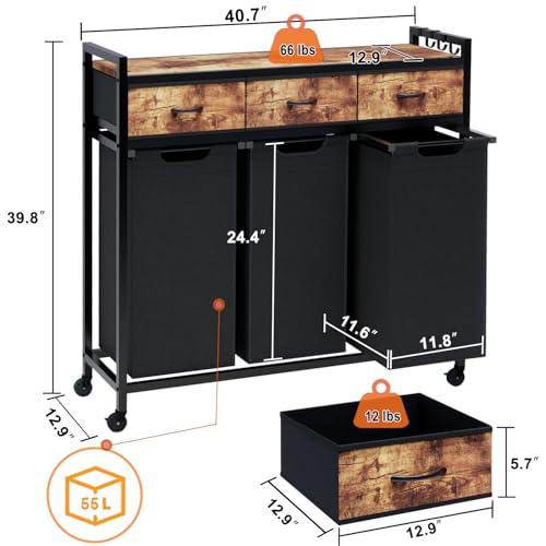 Timberer Laundry Hamper, Laundry Sorter 3 Section, Rolling Laundry Basket with Wheels, 3 Drawers, 3 × 14.5 Gal (55 L), Pull-Out and Removable Oxford Fabric Bags, Black and Rustic Brown - color: Black + Rustic Brown, size: 3 Bags (40.7"L x 12.9"W x 39.8"H)