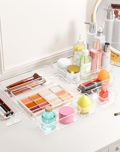 15Pcs Clear Plastic Drawer Organizers Set, 4size makeup drawer organizer trays for vanity/desk/bathroom/office/nightstand/gadgets for kitchen/desk drawer, Versatile drawer divider storage bins - size: 15Pack