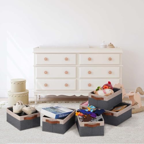 GhvyenntteS Small Fabric Storage Bins 6 Pack, 11.8" x 7.87" x 5.11" Storage Basket with Leather Handles, Closet Storage Bins for Shelves, Storage Baskets for Shelves, DVD Storage (Grey/Beige Yellow) - color: Grey&Beige Yellow, size: Small-11.8"x 7.87"x 5.