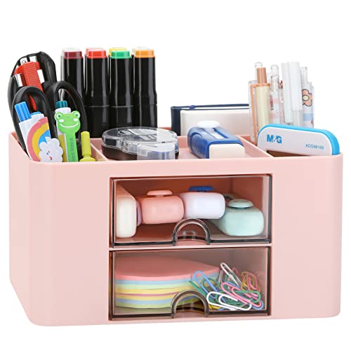 Desk Organizer with 2 Drawer, Plastic Desktop Pen Pencil Card Holder Storage Box for Desk, Office Supplies, Vanity Table Office School Home (Pink) - color: Pink