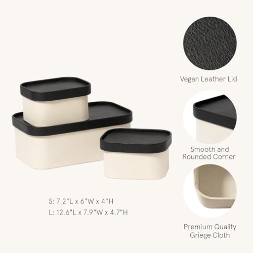 LA JOLIE MUSE Fluted Cardboard Storage Baskets with Leather-Like Lids, Sturdy Stackable Paper Boxes Decorative Tray, Black & Beige, Set of 3 - color: Beige & Black