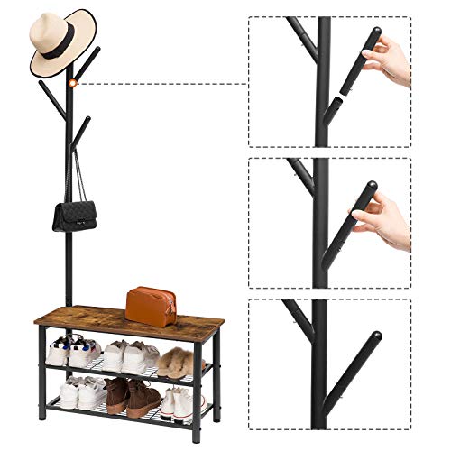 HOOBRO Coat Rack Shoe Bench, 3-Tier Shoe Rack, Industrial Shoe Organizer Storage Bench, Entry Bench with Mesh Shelves, for Entryway, Living Room, Hallway, Easy Assembly, Rustic Brown BF12HX01