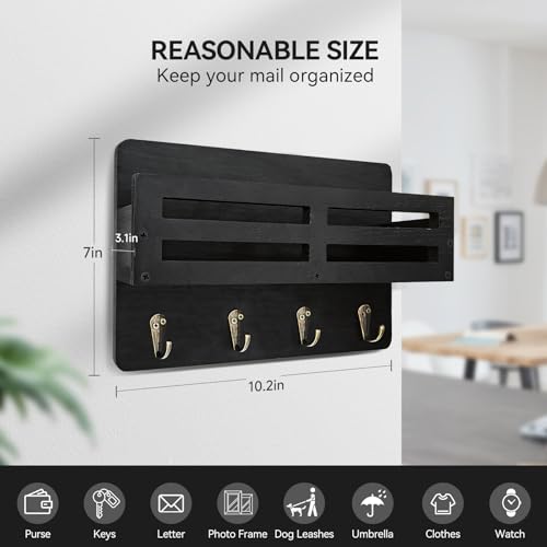 Key Holder Wall Mount, 10 inch Decorative Key and Mail Holder for Wall, with Mail Organizer & 4 Key Hooks, Rustic Wooden Key Rack for Hanging Dog Leash Sunglasses, Entryway Key Hanger, Black - color: Black, size: 10.2IN