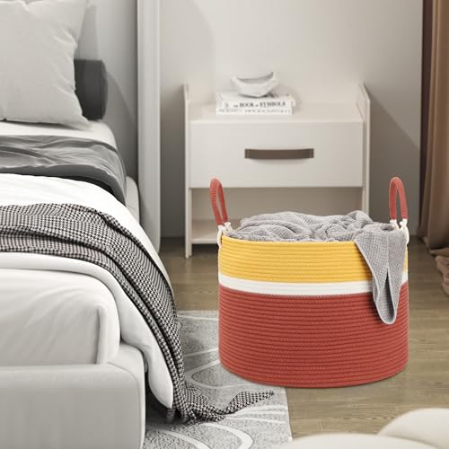 Large Blanket Basket (20"x13"), Woven Rope Storage Basket for Blankets, Clothes & Laundry - Living Room, Nursery, Bedroom (Yellow/Brown) - color: Yellow Brown