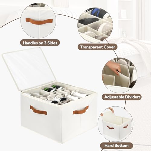 VZZNN 2 Pack Shoe Organizer for Closet, Foldable Shoe Storage Bins with Clear Cover and Adjustable Dividers, Fits up to 16 Pairs, Large Shoe Box Storage Containers with Reinforced Handles (Beige) - color: Beige