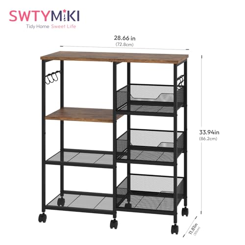 SWTYMIKI Kitchen Island Cart on Wheels - 4 Tier Rolling Kitchen Table Cart with Storage Shelves, 6 Removable Hooks& Locking Casters, Coffee Bar Cabinet for Dining Room Pantry Office, Espresso - size: 28x11.81in, style: Espresso