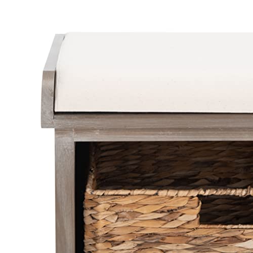 SAFAVIEH Home Collection – Freddy White Wash Storage Bench with Wicker Baskets & Cushion, Entryway Seating Bench, Fully Assembled (AMH5736G) - color: White Washed