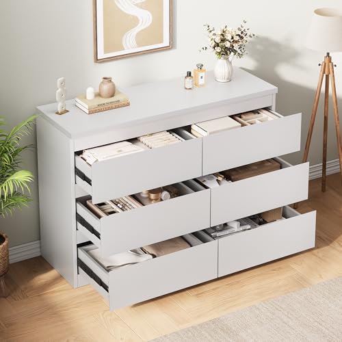 Jocoevol White 6 Drawer Dresser for Bedroom, 15.3" D x 47.2" W x 32.3" H in Simply Modern Chest of Drawers, Wood Storage Double Dresser with Deep Drawers for Living Room, Hallway Entryway, White - color: White