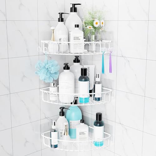 Orimade Corner Shower Caddy Stainless Steel with Hooks Wall Mounted Bathroom Shelf Storage Organizer Adhesive No Drilling 3 Pack, White Only for 90-Degree Corner - color: White