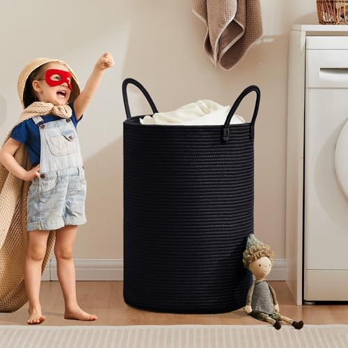 80L Extra Large Black Laundry Hamper Tall Woven Rope Laundry Basket for Clothes Modern Blanket Storage Basket in Living Room Bedroom 16"L x 16"W x 22"H - color: Black, size: Extra Large (80L)