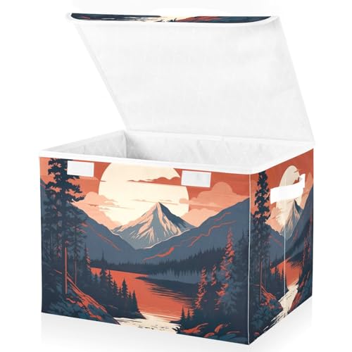 xigua Mountains Trees Storage Bins with Lids and Carrying Handle,Foldable Storage Boxes Organizer Containers Baskets Cube with Cover for Home Bedroom Closet Office - color: Mountains Trees