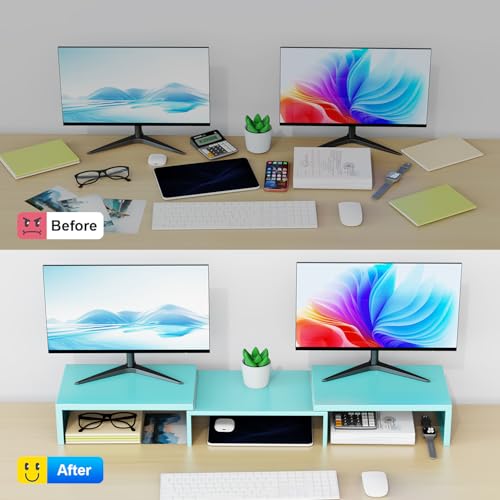 Dual Monitor Stand for Desk, Metal Computer Stand, Desk Shelf Riser,Desktop Organizer for Home and Office Use (Blue) - color: Blue