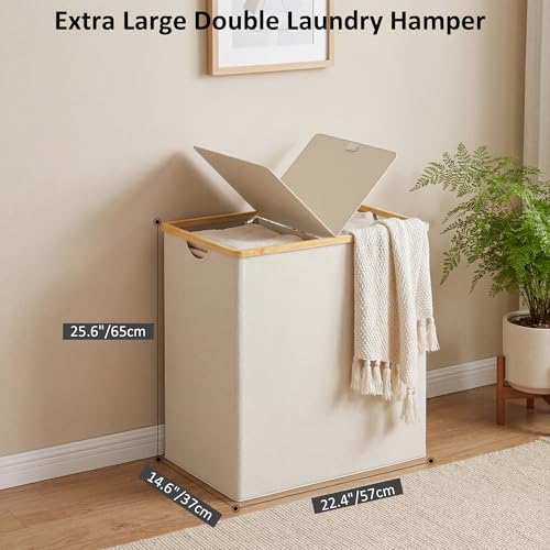 efluky Laundry Hamper with Lid, Double Laundry Hamper with 2 Removable Bags, 2 Section Laundry Basket with Bamboo Handles for Bathroom, Bedroom & Laundry Room, 140L (36.9 Gallon) Beige - color: Beige, size: 140L Dual