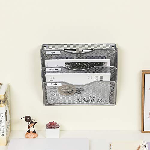 EasyPAG 3 Pocket Mesh Wall File Organizer, Hanging Paper Folder Holder with Classify Label, Vertical Wall Mount Mail Organizer for Office Home Classroom, Silver - color: Silver, size: 3 Tier