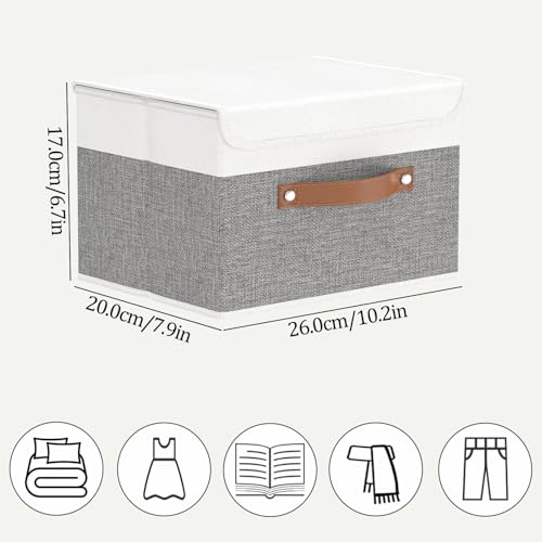 OUTBROS Storage Boxes, Collapsible Storage Bins with Lids, Cotton and linen cloth Storage Baskets with Handle, for Books, Closet, Bedroom, Home, 10.2x7.9x6.7 in, White/Grey - color: White/Grey, size: 10.2x7.9x6.7in(1-pack)