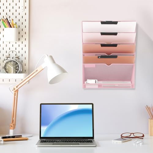EASEPRES 6 Tier Mesh Hanging Wall File Organizer, Desk Vertical Mail Paper Document Folder Holder Rack with Bottom Tray and Nametag Label for Office Home School, Pink - color: Pink, size: 6 Tier