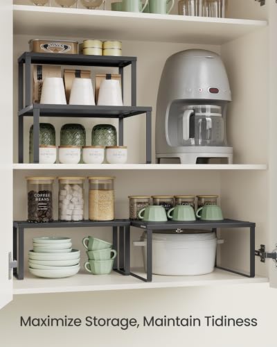 SONGMICS Spice Racks, Set of 2 Metal Cabinet Shelf Organizers, Countertop Organizers, Shelf Risers, Stackable, Expandable, Ink Black UKCS005B01 - color: Ink Black, size: 11"D x 12.6"W x 6.1"H + 5.5"D x 12.6"W x 6.1"H