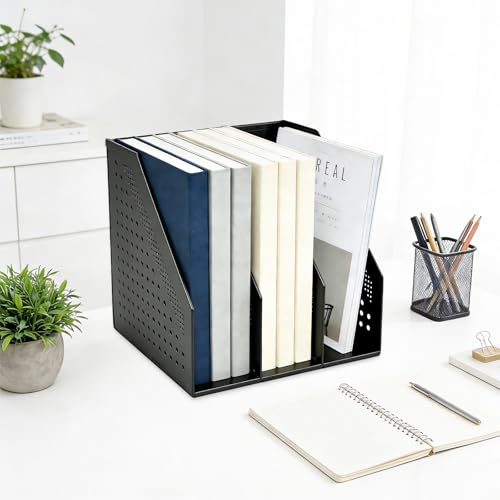 SAYEEC 1Pcs Collapsible Plastic Magazine File Holder Vertical Binder Storage Organizer for Desk Sturdy Upright Desktop Magazine Organizer Folder Rack for Office School Home (3 Compartments, Black) - color: 1Pcs Black (3 Compartments)
