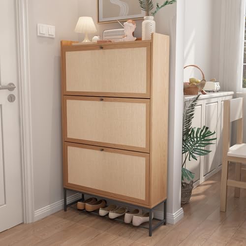 AVZEAR Narrow Shoe Storage Cabinet with 3 Flip Drawers, Freestanding Shoe Organizer Wooden Closed Shoe Rack, Slim Shoe Cabinet Storage for Entryway, Hallway, Living Room (Natural) - color: Natural, size: 3 Drawers