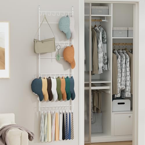 HapiRm Over Door Hat Organizer - 4 Tier Wall Mounted Hat Rack with 24 Hooks and 10 Movable Clips, Hanging Baseball Cap Organizer Storage Holds to 34 Caps for Door, Bedroom, Closet(White) - color: White, size: 4 Tier