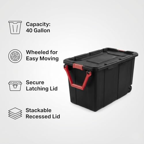 40 Gallon Wheeled Storage Tote with Lid – Heavy Duty Rolling Storage Bin with Ergonomic Handle & Secure Latches – Large Plastic Stackable Container for Garage Basement Workshop (Black) - size: Black