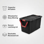 40 Gallon Wheeled Storage Tote with Lid – Heavy Duty Rolling Storage Bin with Ergonomic Handle & Secure Latches – Large Plastic Stackable Container for Garage Basement Workshop (Black) - size: Black