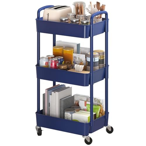 Sywhitta 3-Tier Plastic Rolling Utility Cart with Handle, Multi-Functional Storage Trolley for Office, Living Room, Kitchen, Movable Storage Organizer with Wheels, Blue - color: Blue, size: 3-tier