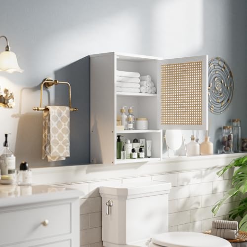 Bathroom Wall Cabinet, Bamboo Over-The-Toilet Storage Organizer with Rattan Doors and Adjustable Shelf, Space Saver Medicine Cabinet for Laundry, Kitchen, Living Room (White) - color: White