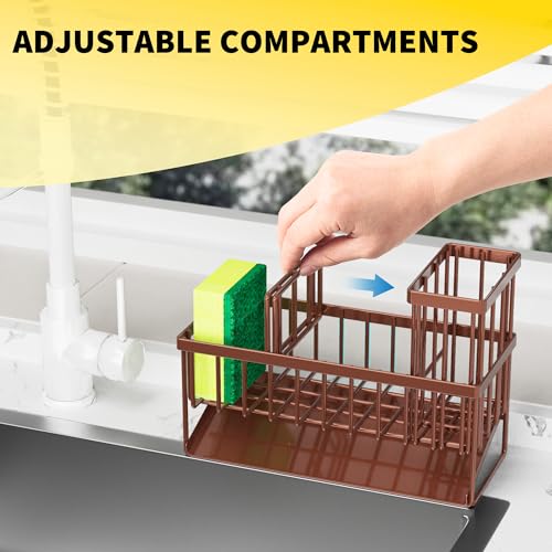Cisily Kitchen Sink Caddy, Sponge Holder for Kitchen Sink, Kitchen Sink Organzier and Storage with High Brush Holder, Rustproof 304 Stainless Gadgets Sink Accessories(Brown) - color: Brown, size: 9.25″