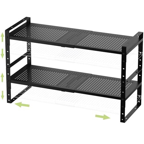 Jojocross Expandable Stackable Aadjustable Shoe Rack Pantry Shelf for Kitchen Cabinets Counter Shelves Countertop Cupboard Storage Solution,Sturdy Heavy-Duty Metal Construction(2Packs/Black/Large) - color: 2Packs/Black, size: LARGE:10.2"D x 16.5"W x 7.8"H
