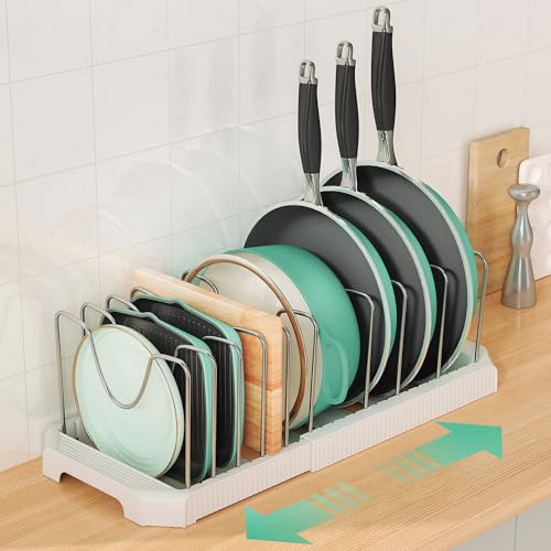 Pots and Pans Organizer for under Cabinet, Pan Pot Organizers inside Cabinet, Expandable Organizer with 10 Adjustable Dividers for Cookie Sheets, Cutting Boards, Pot Lids, Cookware - Frying Pan Rack - color: White, size: 10 Adjustable Dividers
