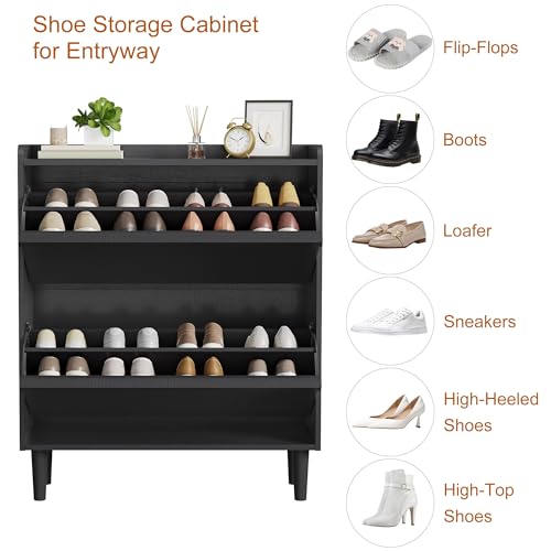 GarveeHome Shoe Cabinet with 2 Flip Drawers, Wooden Shoe Organizer Cabinet with Adjustable Shelf, Shoe Storage for Entryway, Hidden Shoe Cabinet for Hallway, Living Room, Black - color: Black, size: 2-Drawers