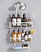 Shower Caddy Hanging - Never Rust Shower Hanging Organizer - Aluminum Over the ShowerHead Caddy with Soap Basket and 6 Hooks for Razor/Sponge (Milky White) - color: Milky White