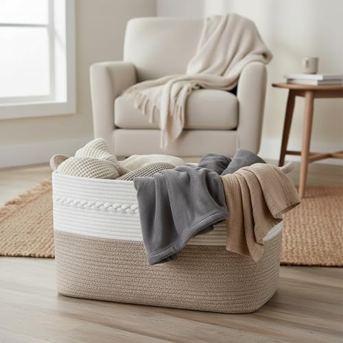 Large laundry basket woven from natural cotton rope with handles storage blankets for living rome big decorative quilted baskets for clothes toys pillows hamper 22"x14.6"x12" white/brown - color: white/Brown, size: 62L 22"x14.6"x12"