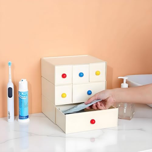 Desktop Storage Drawers, Plastic Desk Organizer with 6 Drawers, Modular Stackable Toolbox Units for Office Stationary, Makeup Container, Bathroom Countertop (3 Tiers, Cream) - color: 3 Tall Layers & 6 Drawers, Cream