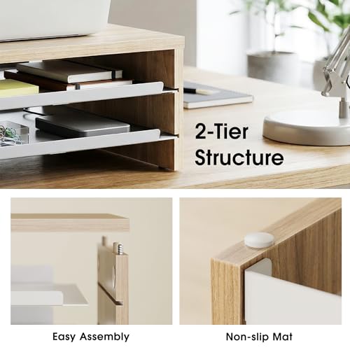 Fenge Monitor Stand, 3-Tier Monitor Riser with Slide-Out Tray, Wooden and Metal Desktop Organizer for Home Office, Computer, Laptop, Printer, Telephone - color: Oak