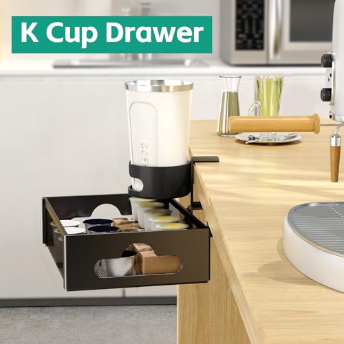 CABTE Desk Cup Holder with Drawer Organizer, Anti-Spill Clip-On Table Cup Hook with 360° Rotation Hidden Storage Box for Office Home Gaming Table (Black) - color: Black