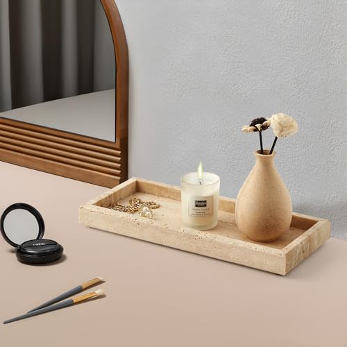 Real Natural Small Marble Tray for Bathroom, Vanity, Kitchen and Desktop, Rectangle Genuine Marble Stone Tray for Jewelry, Cosmetics, Candles, Lotion, Perfume and Home Decor - color: Travertine, size: 12" x 5" x 1.2"