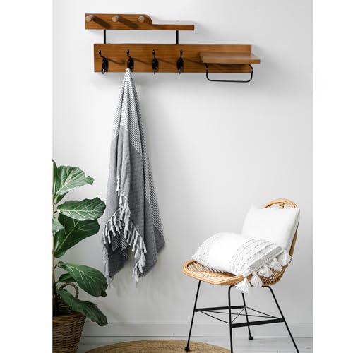 Coat Rack Wall Mount with Shelf, 4 in 1 Wood Coat Hooks with Key and Mail Holder, 17 Inch Entryway Hanging Shelf with Sunglasses Holder and 4 Metal Hooks for Clothes Hats Bag, Brown - color: Brown