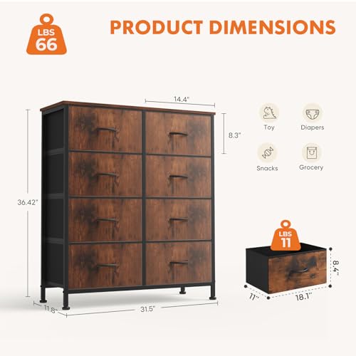 Sweetcrispy Dresser for Bedroom with 8 Storage Drawers, Large Fabric Storage Tower Organizer, Chest of Drawers with Metal Frame Wooden Top for Closet, Living Room, Entryway, Tank - color: Tank, size: 31.5"D x 11.8"W x 36.4"H (8 Drawers)
